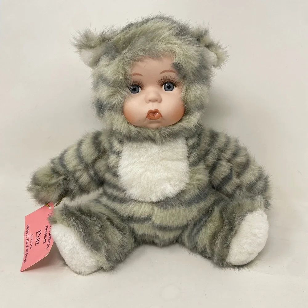 Show-Stoppers Purr Porcelain Doll Babes In The Wild Series Grey Tiger Cat Plush